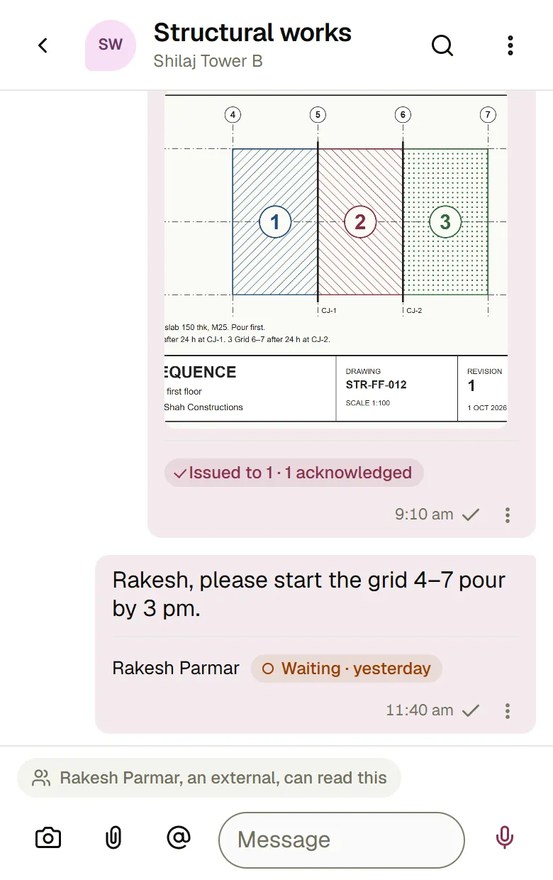 The Structural works channel: the pour sequence drawing, issued and acknowledged, then Mehul’s message asking for the pour by 3 pm, now showing Rakesh Parmar, Waiting. A note at the foot says Rakesh Parmar, an external, can read this channel.