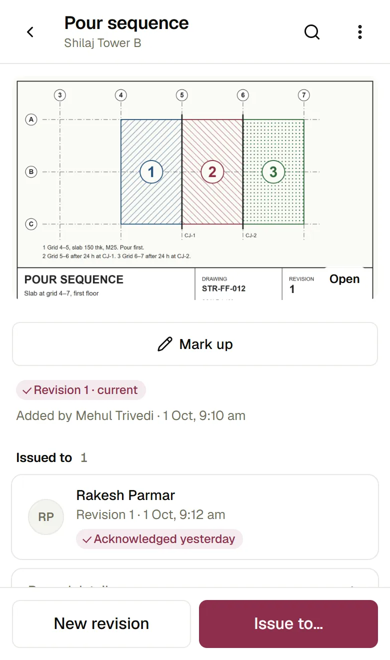 The Pour sequence drawing in the app: revision 1 current, added at 9:10 am, issued to Rakesh Parmar at 9:12 am and acknowledged.