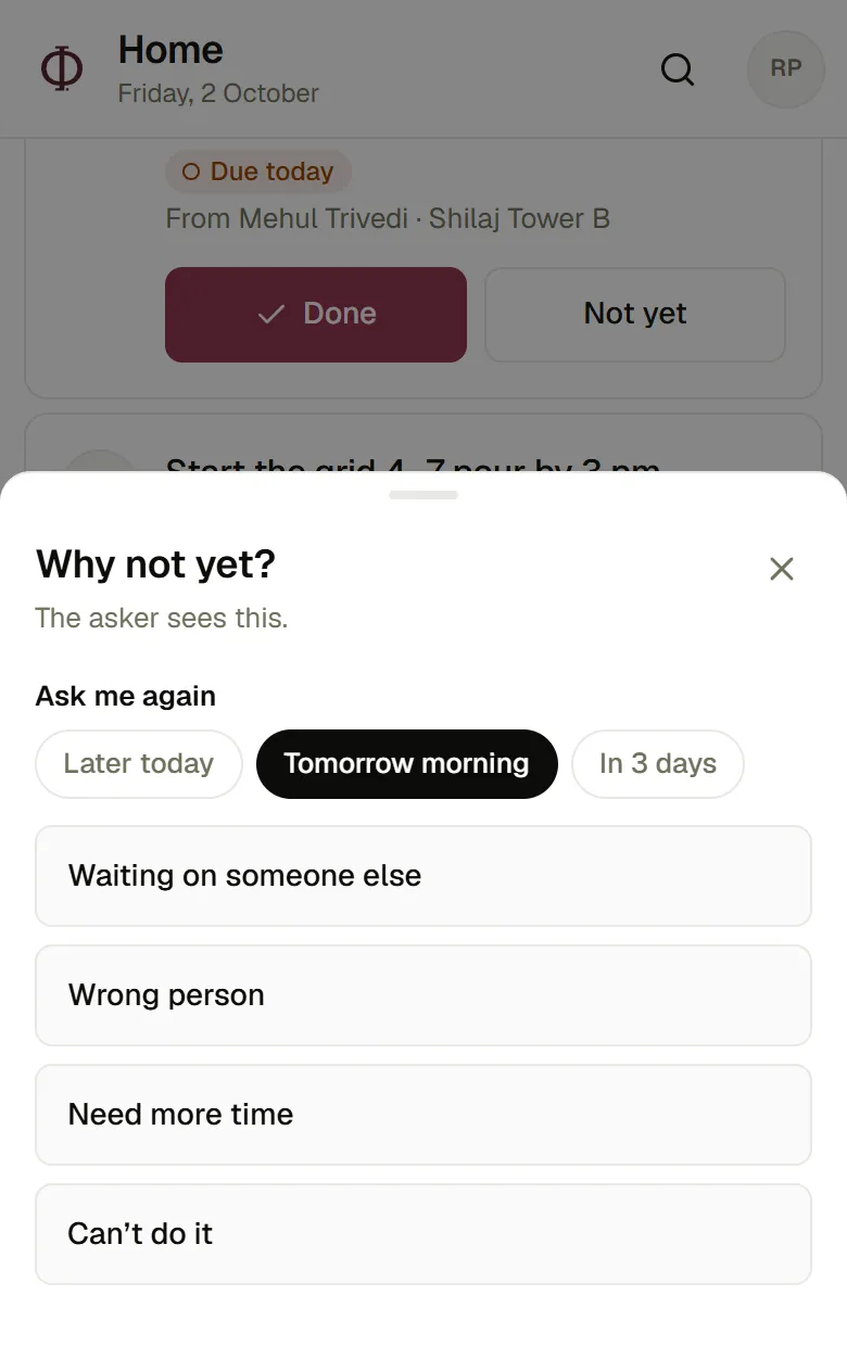The Not yet sheet: why not yet, with Ask me again set to Tomorrow morning, and four reasons to choose from.