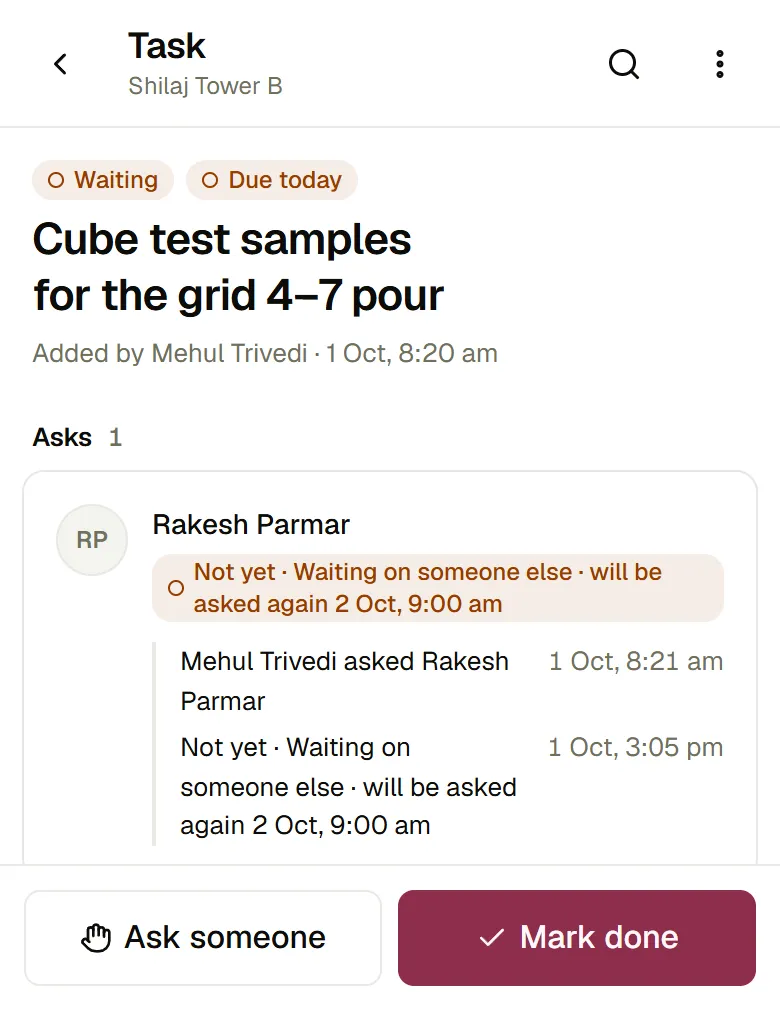 The cube test task as Mehul sees it: Rakesh Parmar, Not yet, waiting on someone else, asked again at 9:00 am the next day.